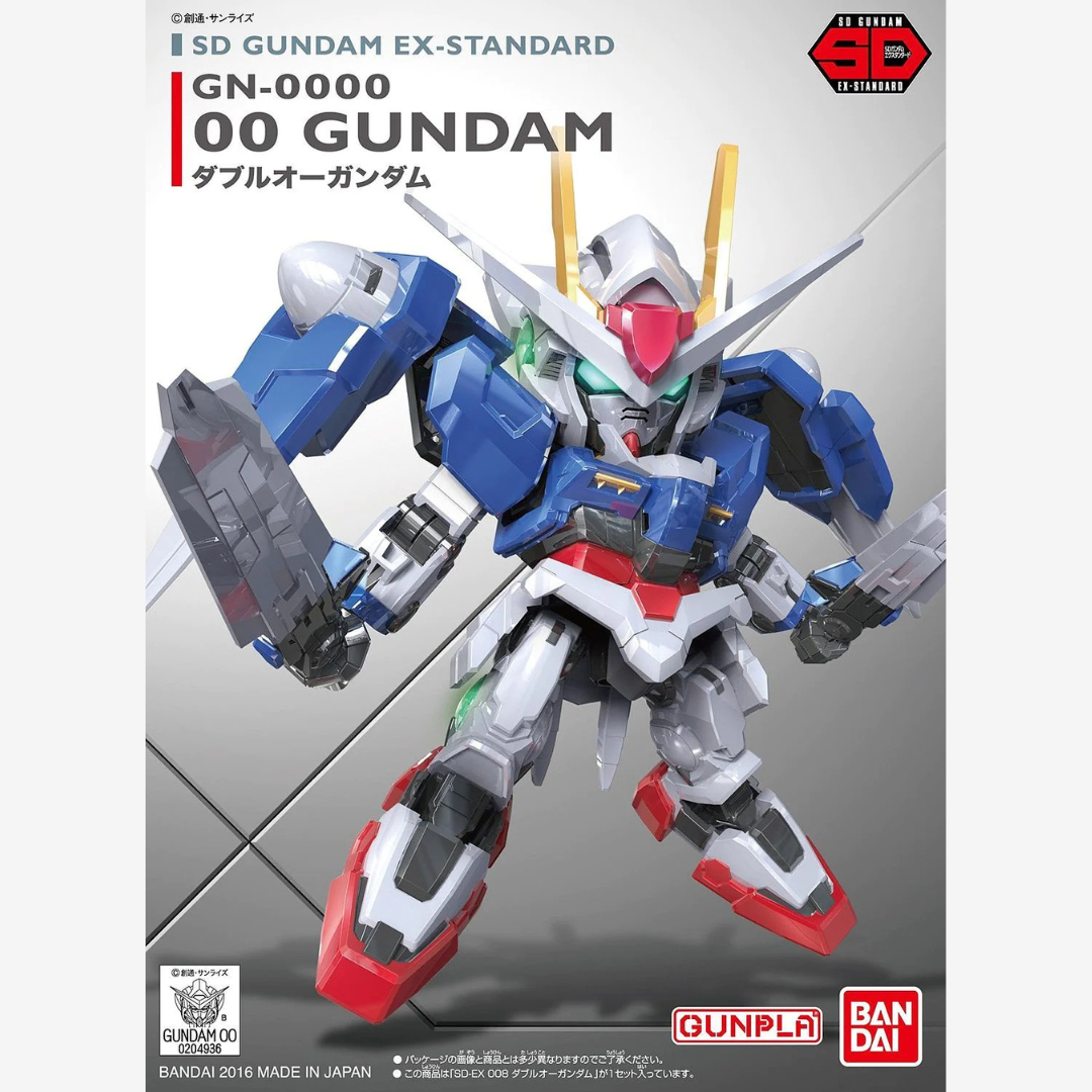 Gunpla SD EX-Standard 00 Gundam GN-0000 Bandai da Gundam 00 con doppie GN Sword, kit da assemblare senza colla né verniciatura, ideale per collezionisti.