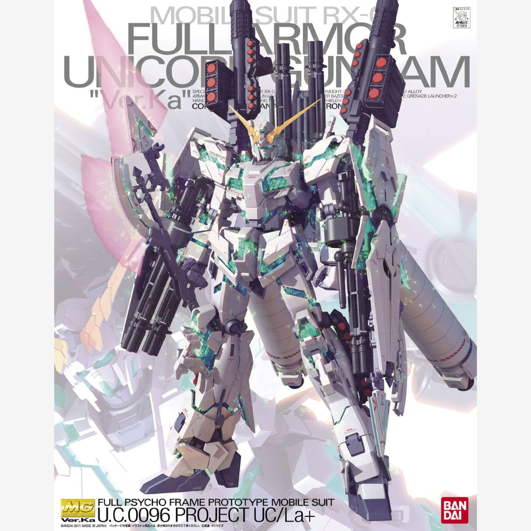 MG Full Armor Unicorn Gundam Ver.Ka 1/100 – Kit Gunpla con Psycho Frame verde, armamenti completi e design Katoki. Da montare senza colla né vernice.