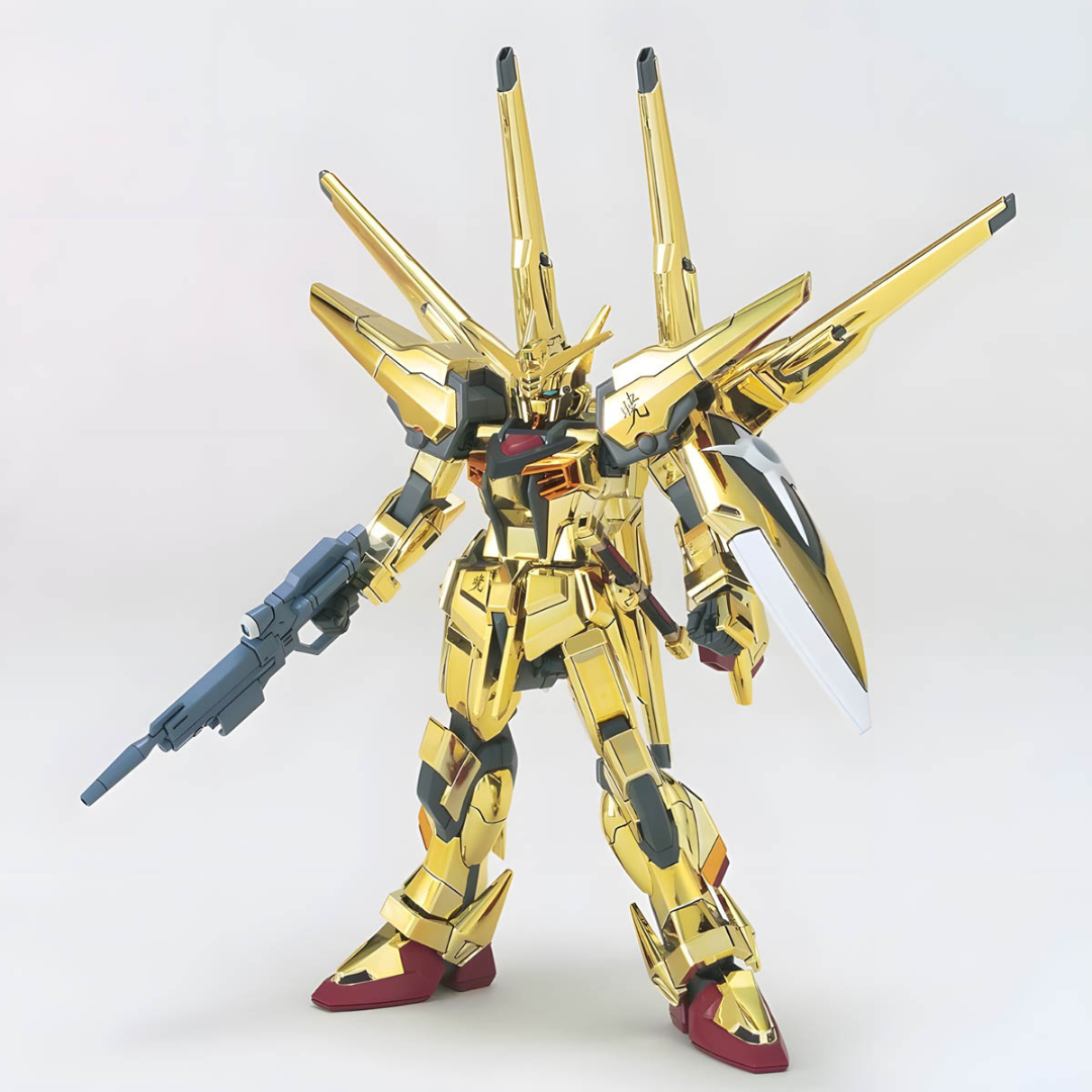 Box art HG 1/144 Shiranui Akatsuki Gundam dorato da Gundam SEED Destiny – Gunpla Bandai da assemblare senza colla né verniciatura