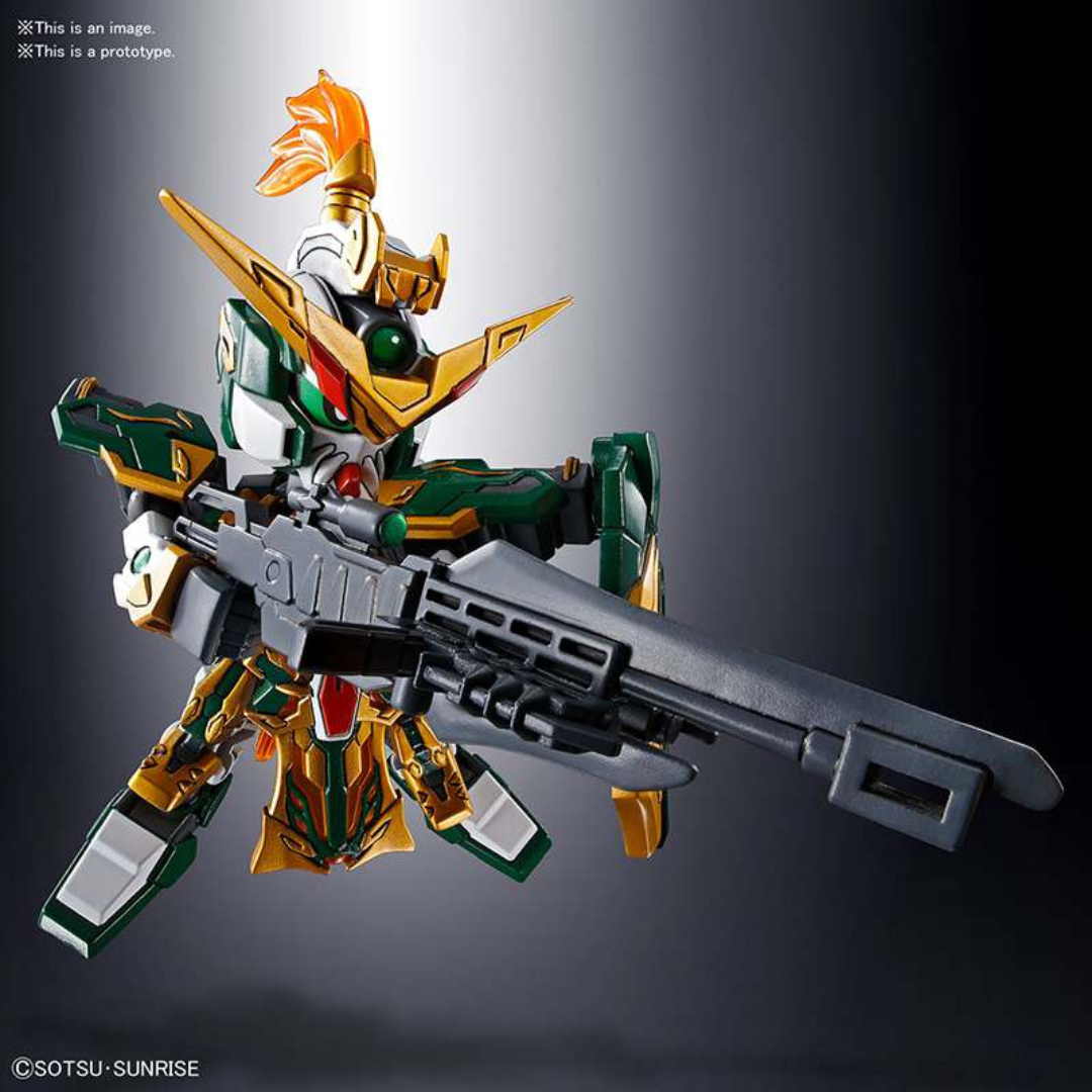Model Kit SD Gunpla Huang Zhong Gundam Dynames Bandai con armatura verde e oro, fucile da cecchino, facile da montare senza colla o verniciatura.