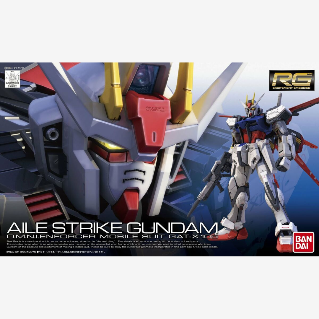 Gunpla RG Aile Strike Gundam 1/144 Bandai con Aile Striker Pack, beam rifle e scudo, da montare senza colla, Mobile Suit iconico di Gundam SEED