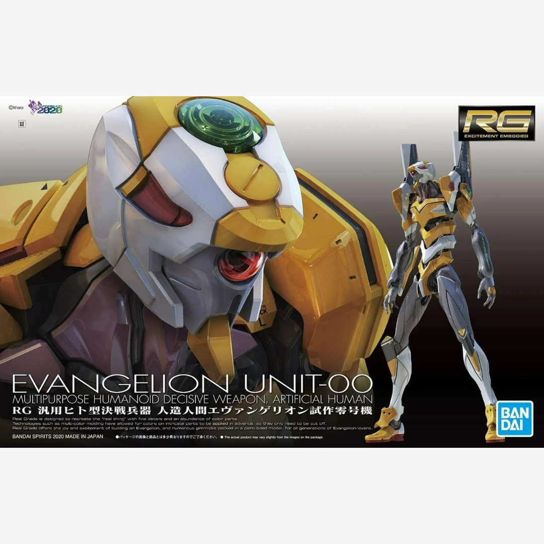 Model kit RG Evangelion Unit-00 Proto Type 1/144 Bandai, dettagliato, articolato, completo di armi, da assemblare senza colla né vernice.