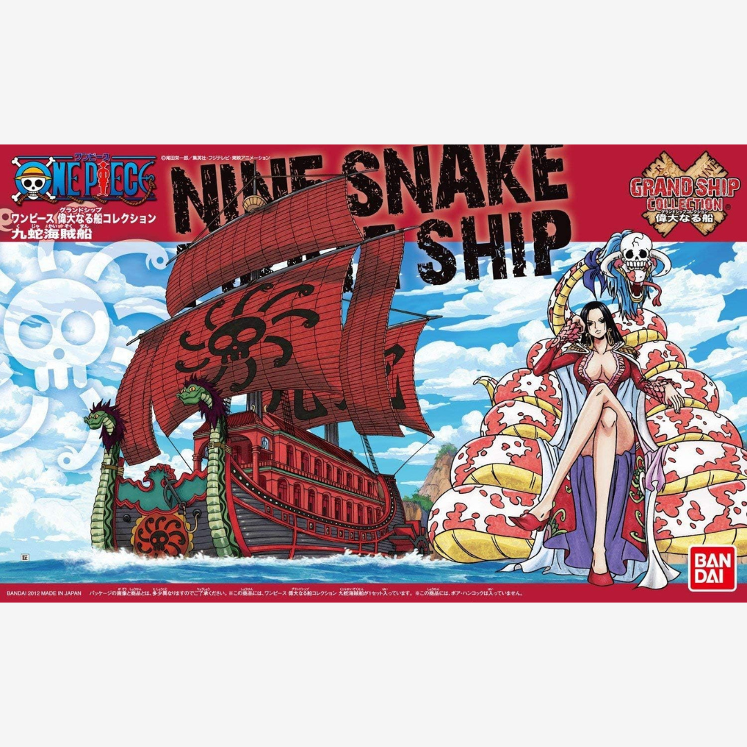 Illustrazione della nave Nine Snake Ship di One Piece e Boa Hancock sulla confezione del kit Bandai da assemblare senza colla, linea Grand Ship Collection