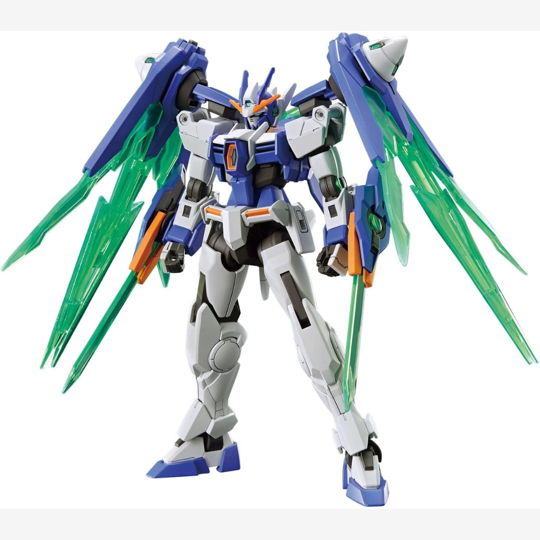 Box HG 1/144 Gundam 00 Diver Arc Bandai – Gunpla Build Metaverse, kit da assemblare senza colla, design con lame verdi traslucide e look dinamico.