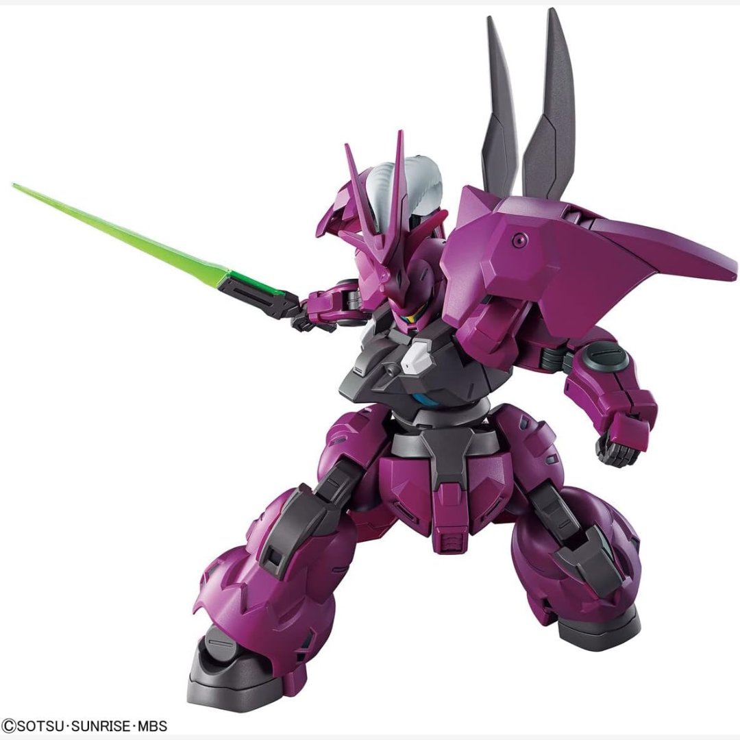 Box HG 1/144 Guel’s Dilanza Gunpla Bandai – modello da montare senza colla tratto da The Witch from Mercury con armatura viola e lancia energetica.