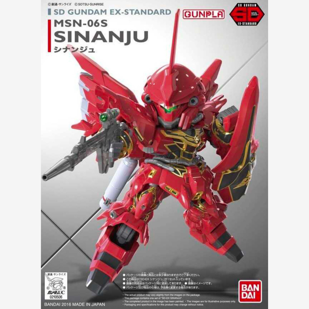 Model Kit SD Gundam EX-Standard MSN-06S Sinanju Bandai – Gunpla rosso compatto da montare senza colla, con dettagli dorati e armi incluse.