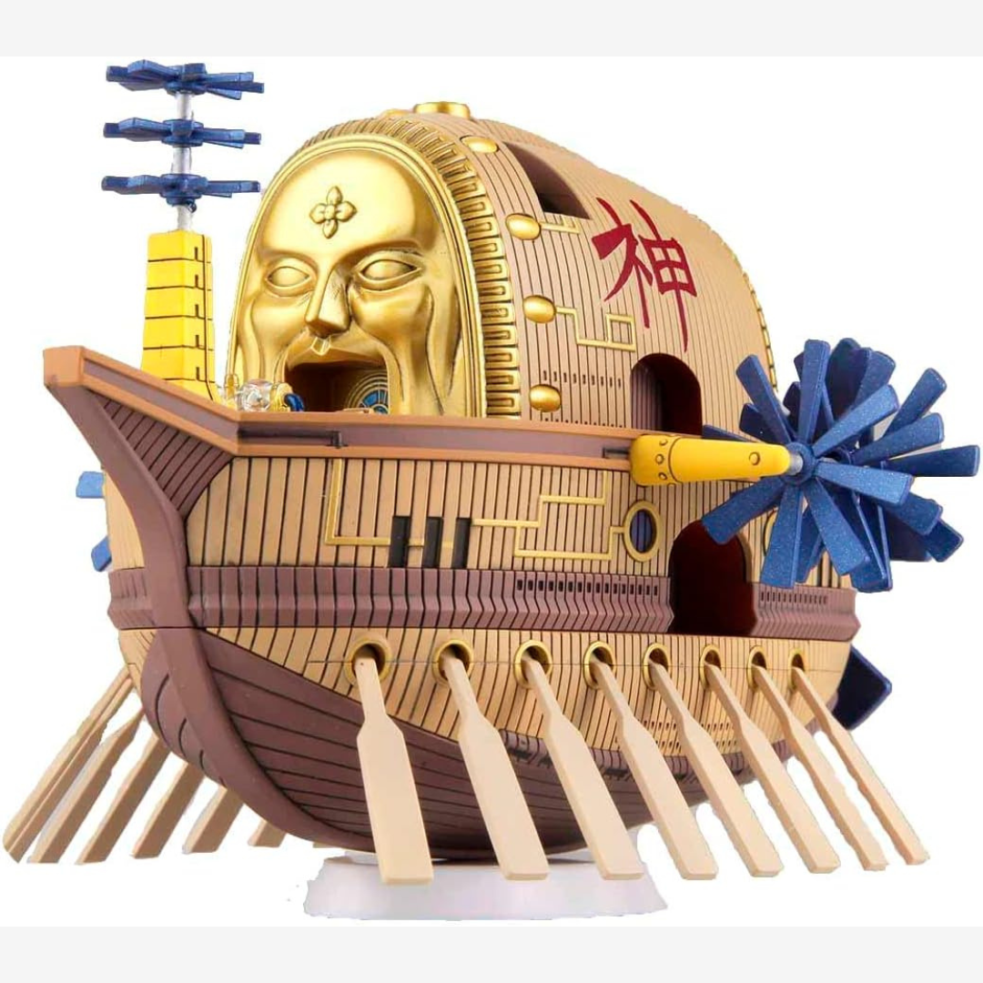 Illustrazione confezione Bandai Grand Ship Collection Ark Maxim, nave volante dorata di Eneru da One Piece, kit da montare senza colla per fan e collezionisti