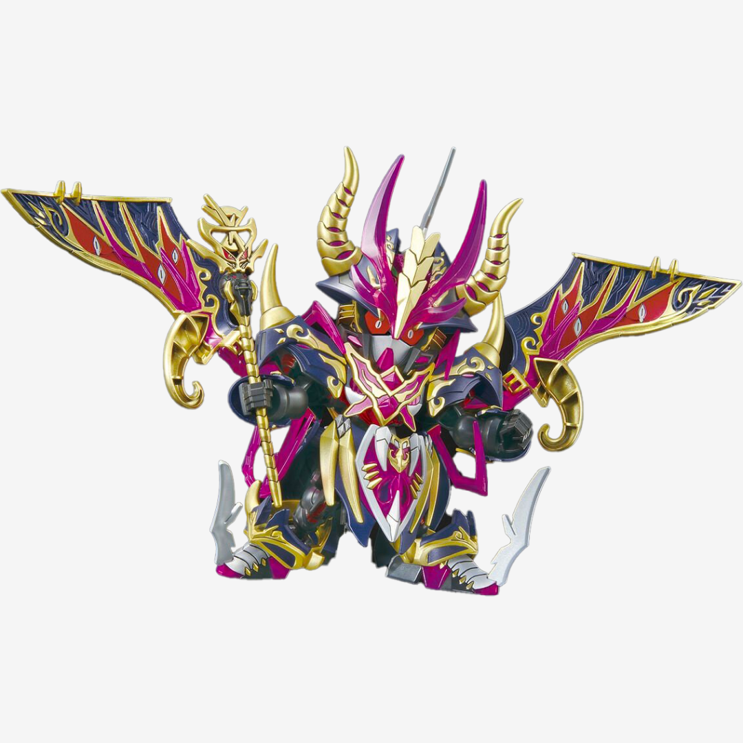 Gunpla SDW HEROES Warlock Aegis Gundam Bandai con scettro, armatura dorata e mantello nero-viola, stile magico oscuro da montare senza colla.