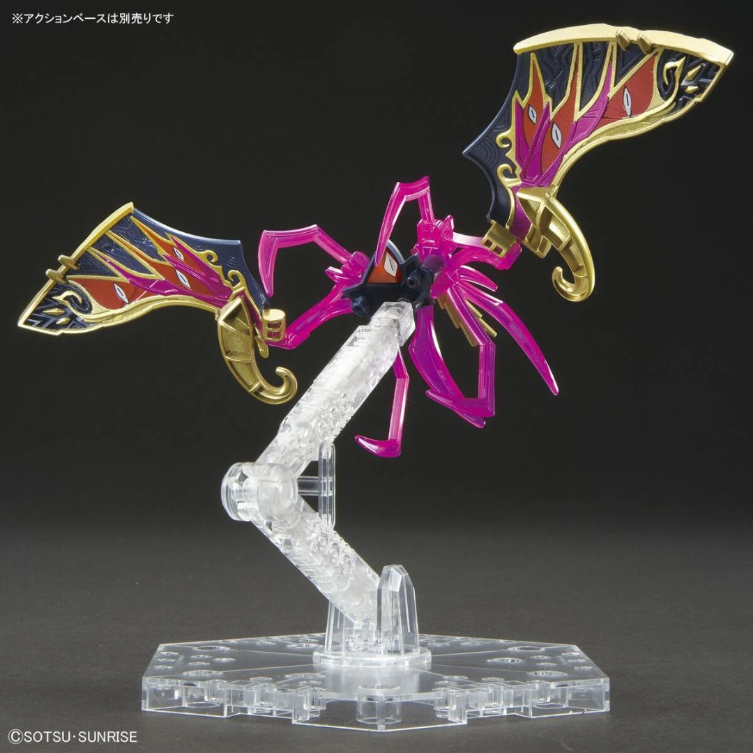 Gunpla SDW HEROES Warlock Aegis Gundam Bandai con scettro, armatura dorata e mantello nero-viola, stile magico oscuro da montare senza colla.