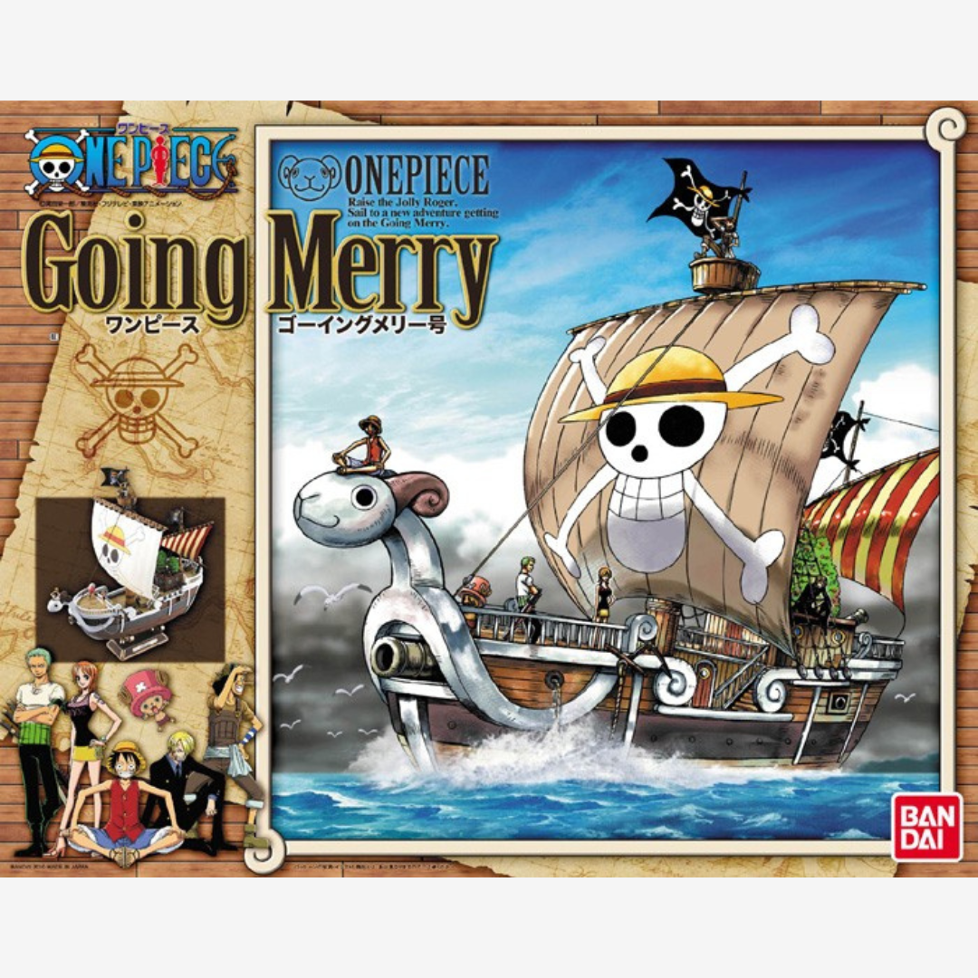 Modellino Bandai Going Merry da One Piece, nave dei Mugiwara con vela Jolly Roger e mini figure, kit da montare senza colla per fan e collezionisti anime