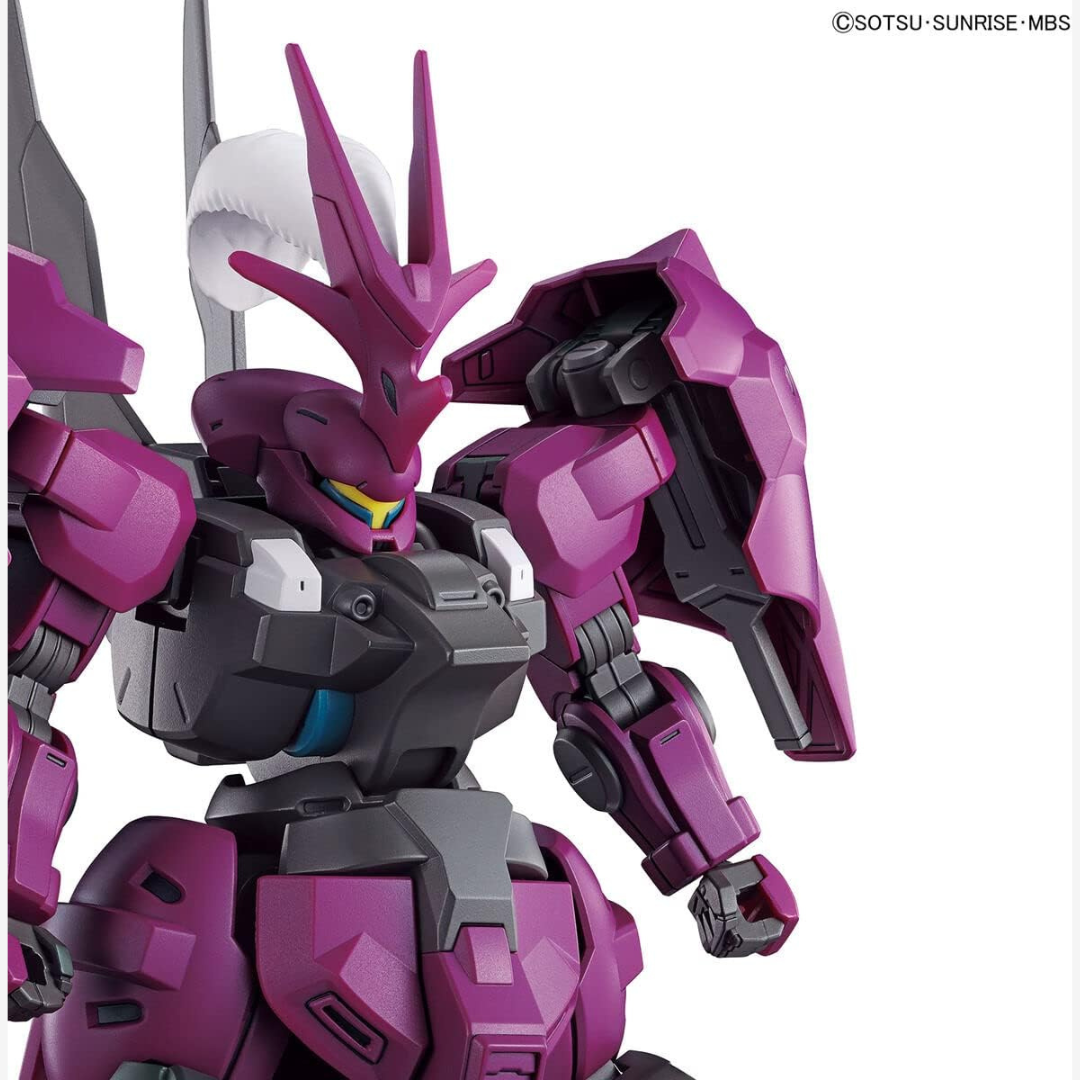 Box HG 1/144 Guel’s Dilanza Gunpla Bandai – modello da montare senza colla tratto da The Witch from Mercury con armatura viola e lancia energetica.