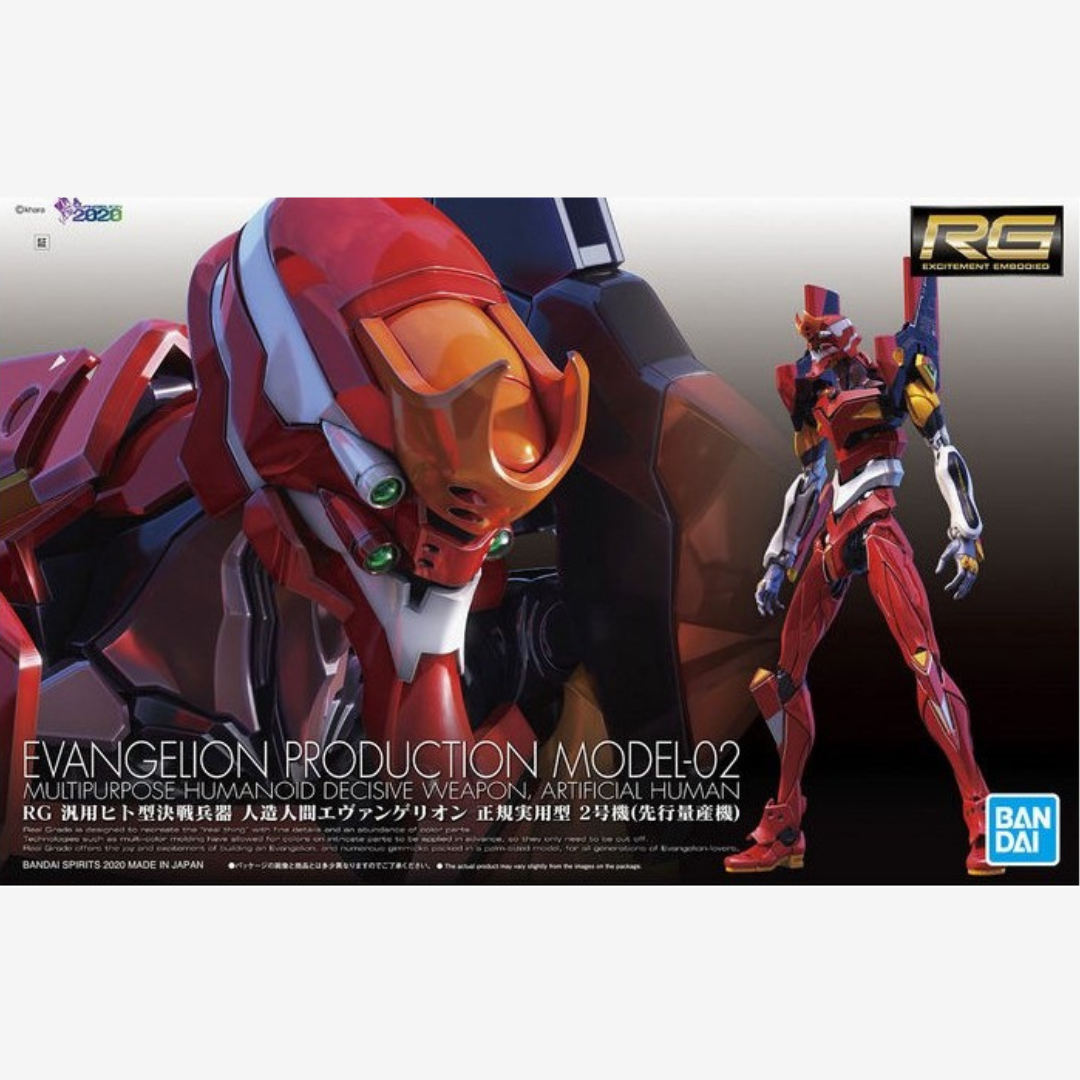 Modello Gunpla Bandai RG Evangelion Production Model-02 articolato, rosso, in posa dinamica con armi, ideale per fan Evangelion e collezionisti Gunpla