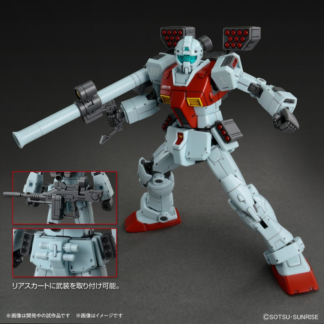 Box Gunpla Bandai HG 1/144 RGM-79 GM Shoulder Cannon Missile Pod da The Origin MSD, kit da assemblare senza colla con dettagli retrò e armamento pesante.
