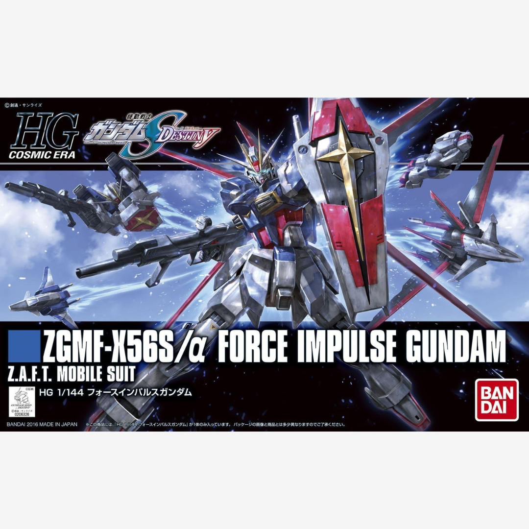 Gunpla HG 1/144 Force Impulse Gundam da Gundam SEED Destiny, modello Bandai dettagliato da assemblare senza colla, perfetto per fan della Cosmic Era.