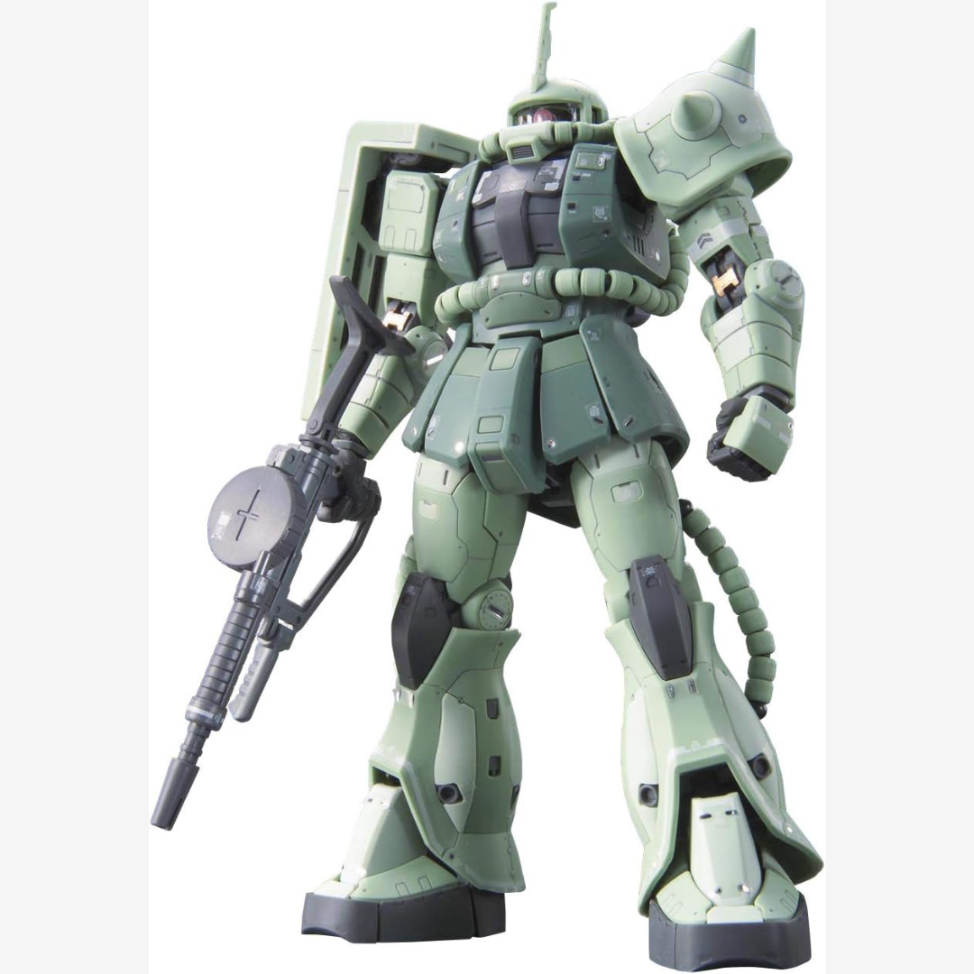 Gunpla RG 1/144 MS-06F Zaku II Mass Production Bandai, modello Real Grade ultra dettagliato da assemblare senza colla con armi e inner frame incluso.