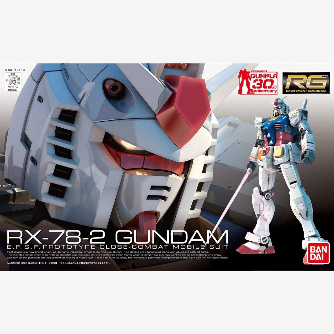Gunpla RG RX-78-2 Gundam 1/144 Bandai, dettagli fedeli all’anime, kit con frame interno e accessori completo su Weeaboverse.it