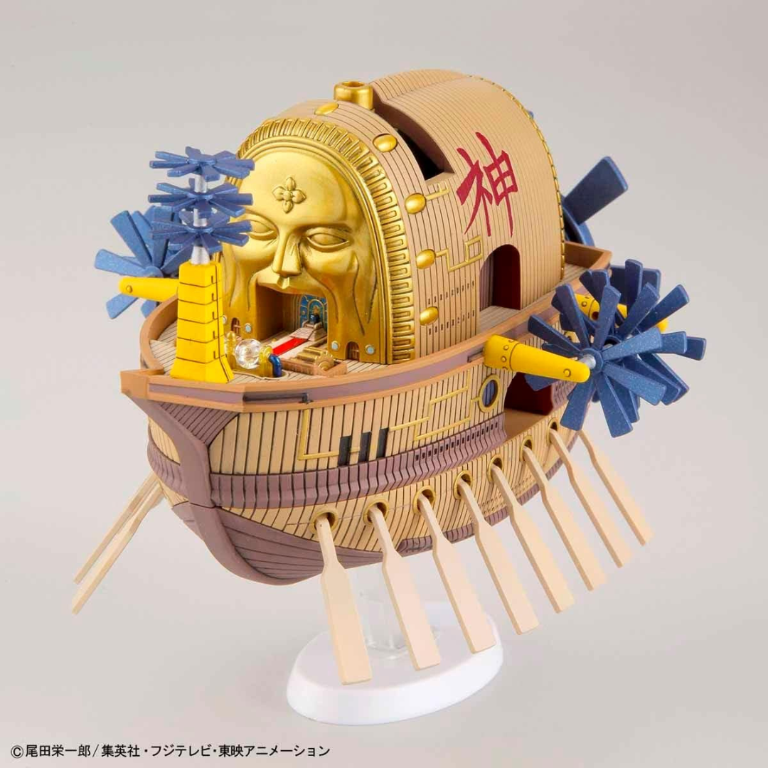 Illustrazione confezione Bandai Grand Ship Collection Ark Maxim, nave volante dorata di Eneru da One Piece, kit da montare senza colla per fan e collezionisti
