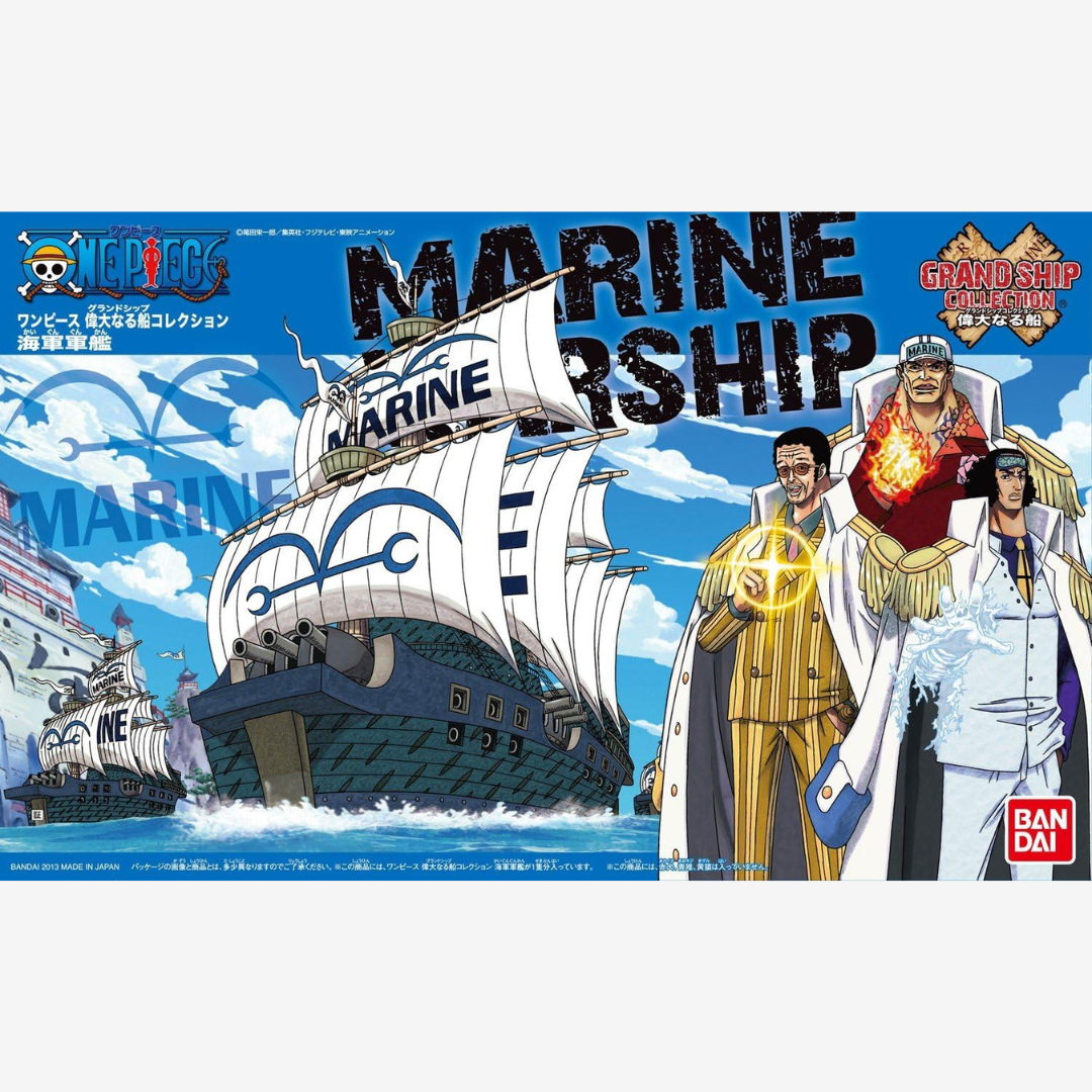 Scatola modellino Bandai Marine Warship One Piece Grand Ship Collection, nave della Marina del Governo Mondiale, kit da assemblare senza colla.