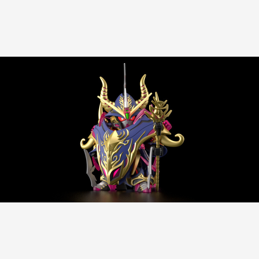 Gunpla SDW HEROES Warlock Aegis Gundam Bandai con scettro, armatura dorata e mantello nero-viola, stile magico oscuro da montare senza colla.