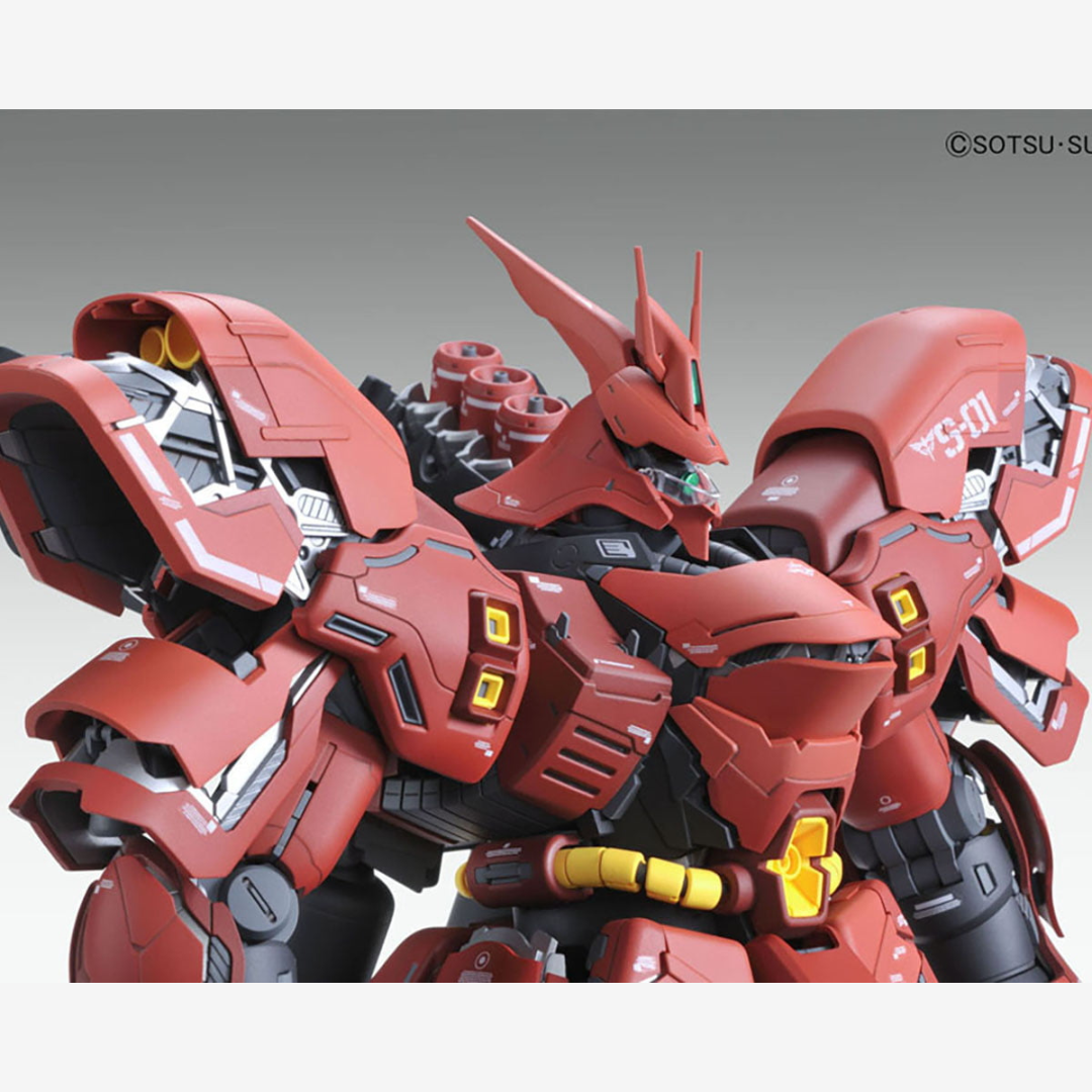 Dettaglio Gunpla RG 1/144 Sazabi Bandai – Mobile Suit Neo Zeon rosso, modello da montare senza colla, perfetto per fan di Char Aznable e collezionisti