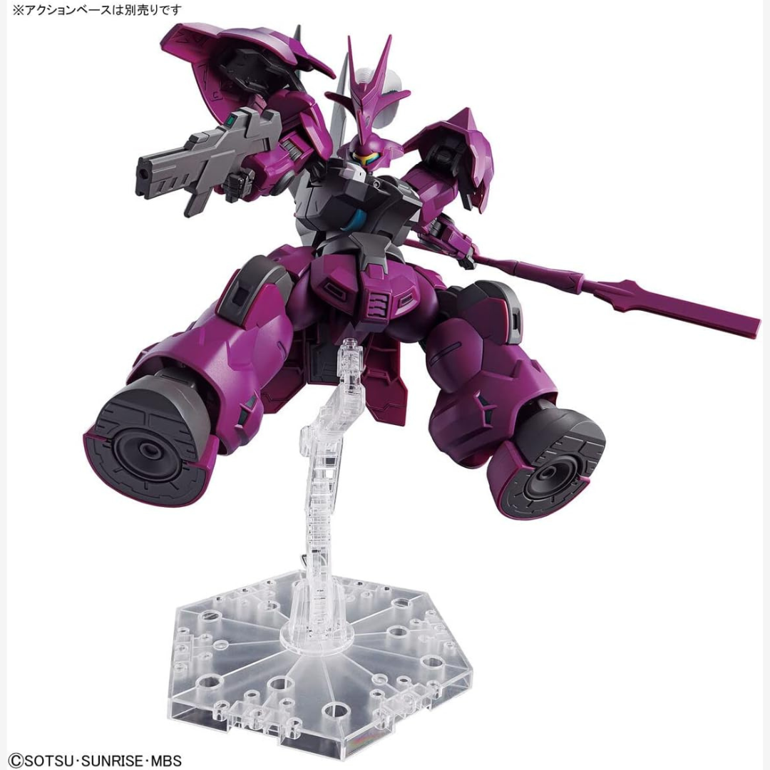 Box HG 1/144 Guel’s Dilanza Gunpla Bandai – modello da montare senza colla tratto da The Witch from Mercury con armatura viola e lancia energetica.