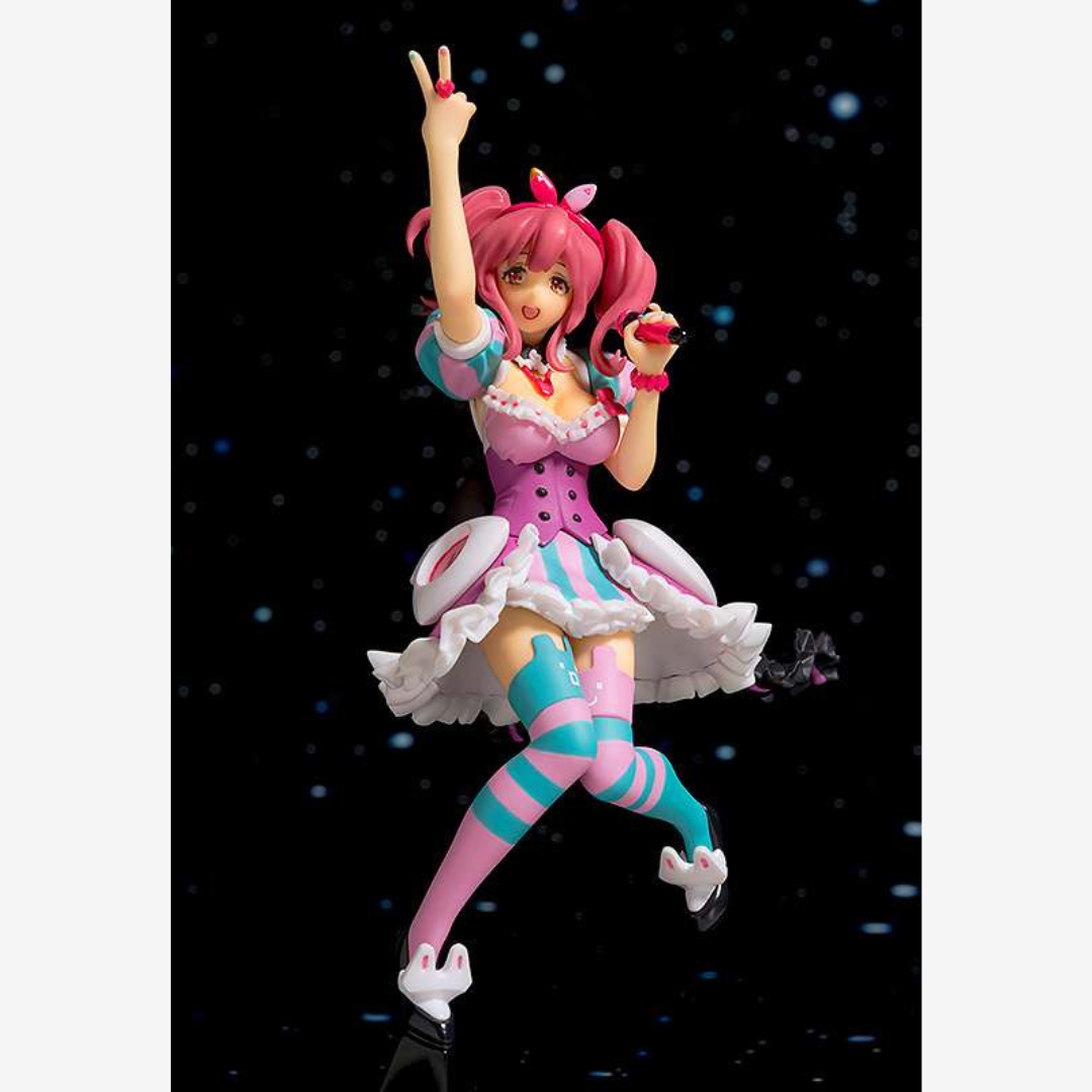 Model kit idol anime kawaii da assemblare, con abito rosa, microfono, pose dinamiche e dettagli pop colorati, senza bisogno di colla o verniciatura.