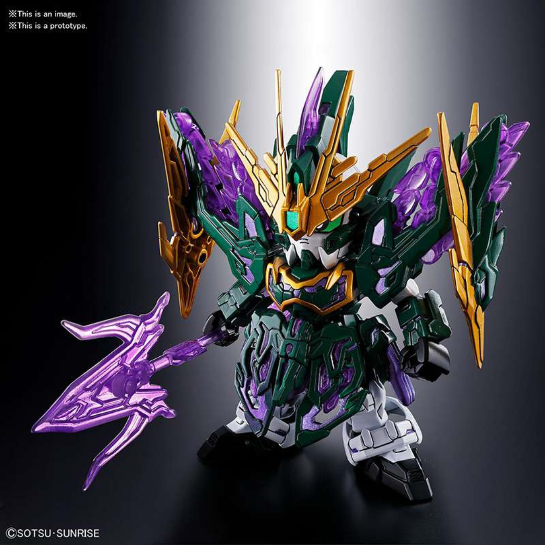 Gunpla SD Zhang He Altron Gundam Bandai con armatura verde, oro e lame viola, kit da montare senza colla perfetto per fan Sangoku Soketsuden.