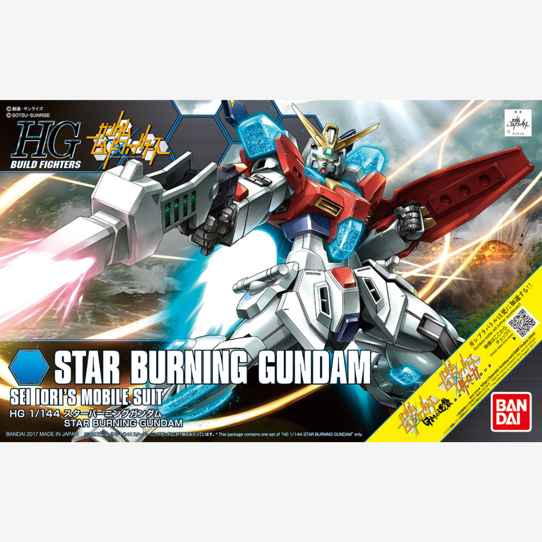 Gunpla HG 1/144 Star Burning Gundam Bandai – Sei Iori Mobile Suit da Build Fighters, kit da assemblare senza colla con effetto burning traslucido.