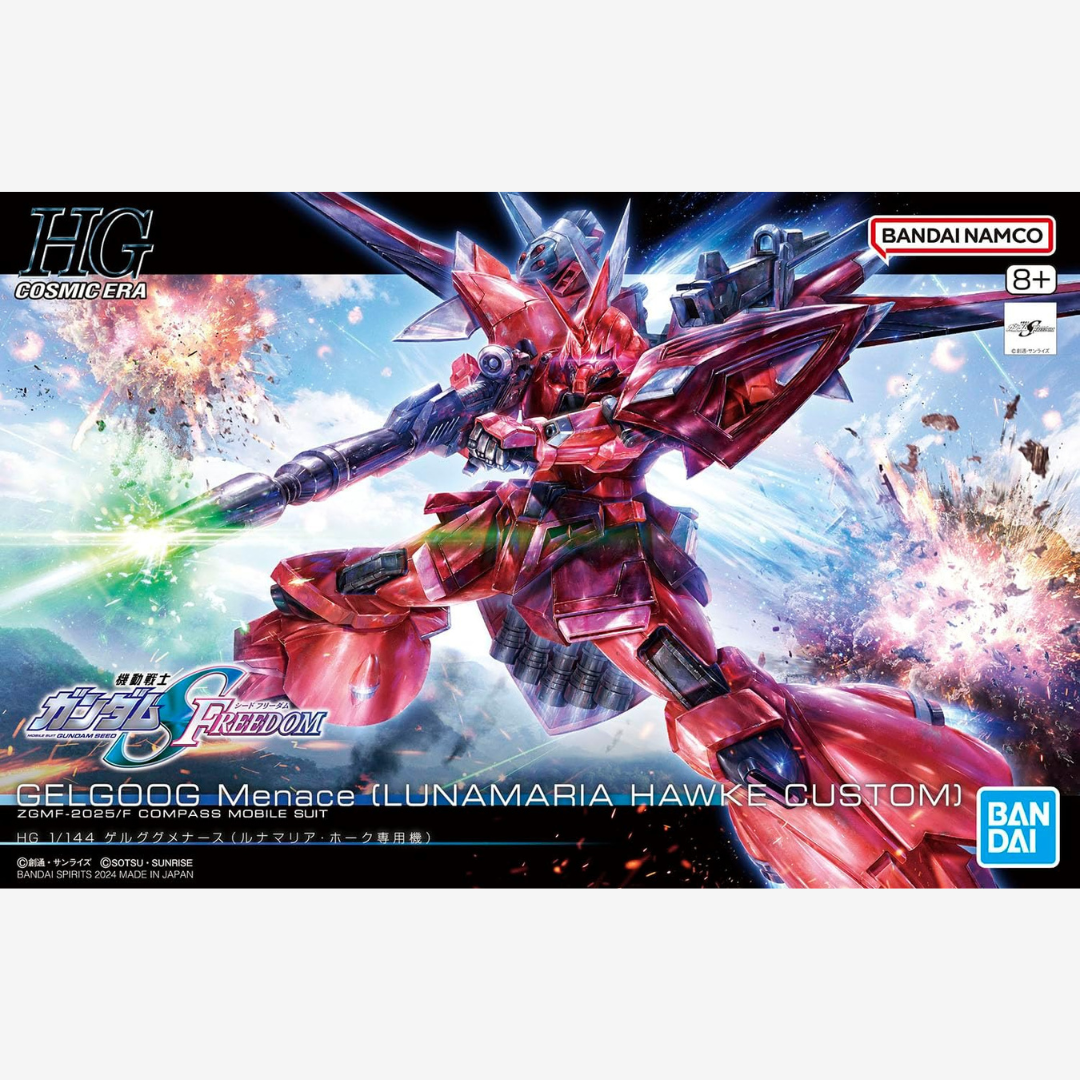 Box Gunpla Bandai HG 1/144 Gelgoog Menace Lunamaria Hawke Custom da Gundam SEED Freedom, kit da montare ricco di dettagli e armi customizzate.