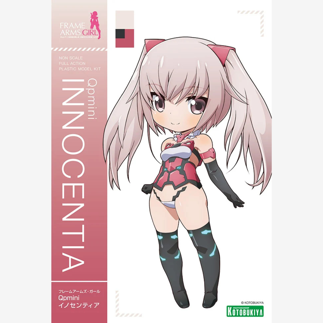 Box Qpmini Innocentia Frame Arms Girl Kotobukiya, model kit chibi da assemblare senza colla, figure snodabile kawaii in stile mecha girl anime.