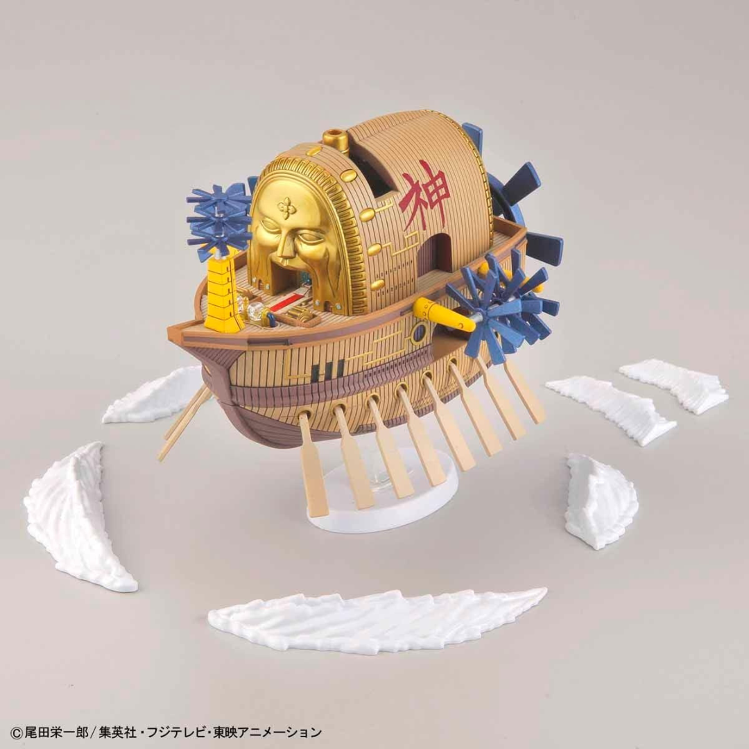 Illustrazione confezione Bandai Grand Ship Collection Ark Maxim, nave volante dorata di Eneru da One Piece, kit da montare senza colla per fan e collezionisti