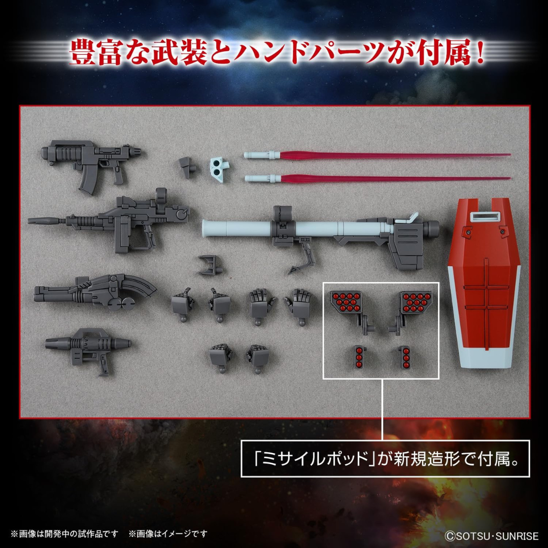 Box Gunpla Bandai HG 1/144 RGM-79 GM Shoulder Cannon Missile Pod da The Origin MSD, kit da assemblare senza colla con dettagli retrò e armamento pesante.