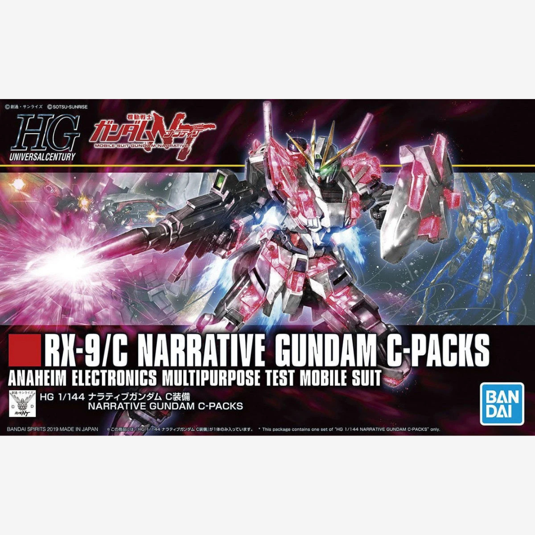 Box HG 1/144 RX-9/C Narrative Gundam C-Packs Bandai – Gunpla con psycho-frame rosso traslucido, kit da assemblare senza colla né verniciatura.