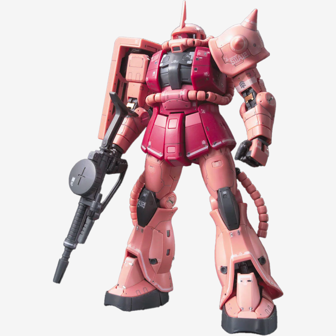 RG 1/144 MS-06S Zaku II Char Aznable Custom Gunpla Real Grade Bandai, kit dettagliato da assemblare senza colla con armamenti completi e inner frame.