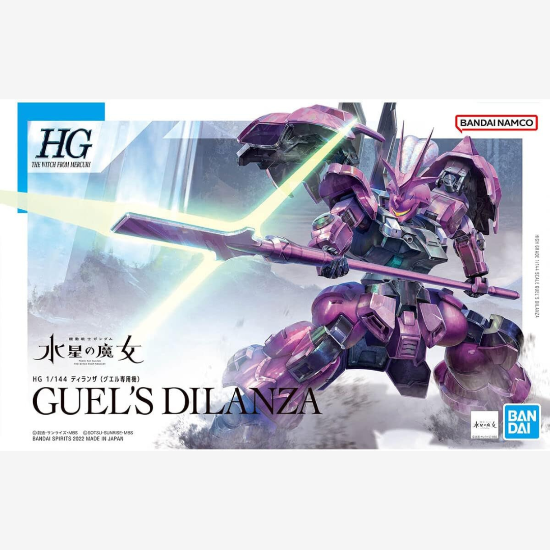 Box HG 1/144 Guel’s Dilanza Gunpla Bandai – modello da montare senza colla tratto da The Witch from Mercury con armatura viola e lancia energetica.