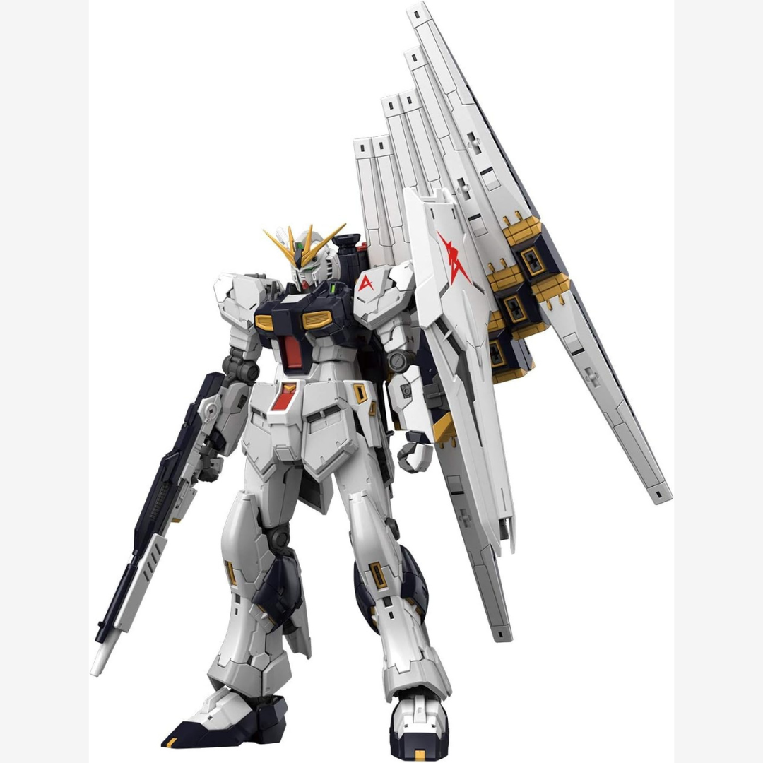 RG RX-93 Nu Gundam 1/144 Bandai con funnel mobili e frame interno dettagliato. Kit Gunpla Real Grade ispirato a Char's Counterattack su Weeaboverse.it