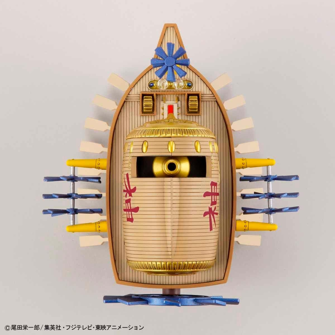 Illustrazione confezione Bandai Grand Ship Collection Ark Maxim, nave volante dorata di Eneru da One Piece, kit da montare senza colla per fan e collezionisti