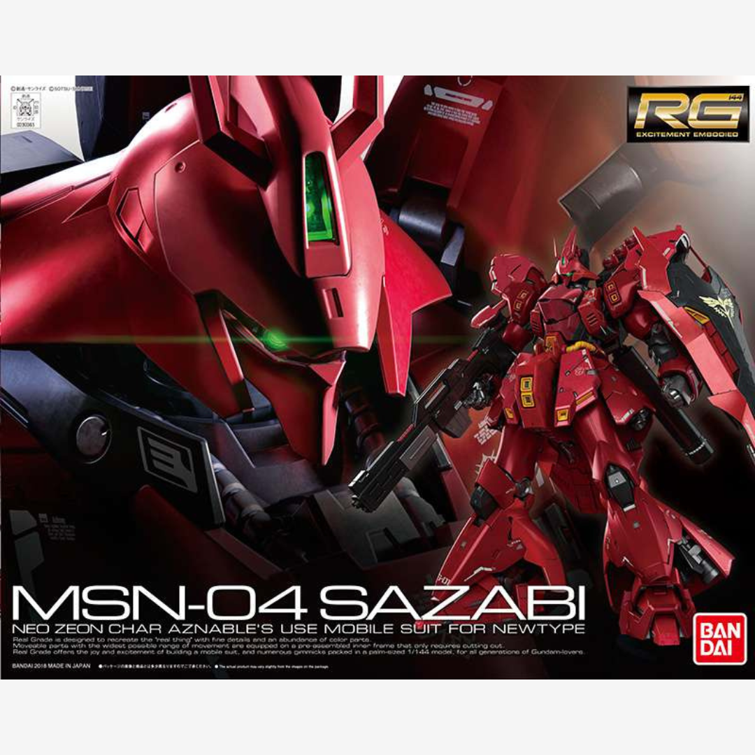 Gunpla RG MSN-04 Sazabi 1/144 in posa d’azione, mobile suit rosso di Char Aznable da montare, dettaglio realistico e armi incluse Bandai