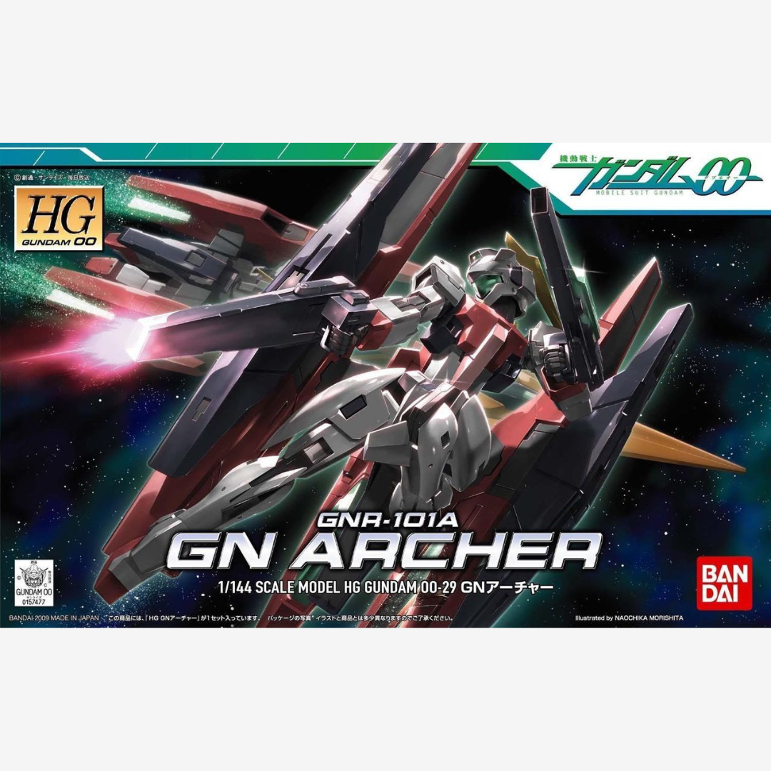 Box Gunpla Bandai HG 1/144 GN Archer da Gundam 00, modellino trasformabile da assemblare senza colla, con design aerodinamico e armi duali.