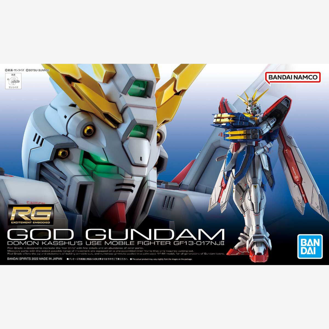 RG God Gundam 1/144 Bandai G Gundam in posa dinamica con gimmick articolari e cerchio d’aura incluso. Kit Gunpla Real Grade su Weeaboverse.it