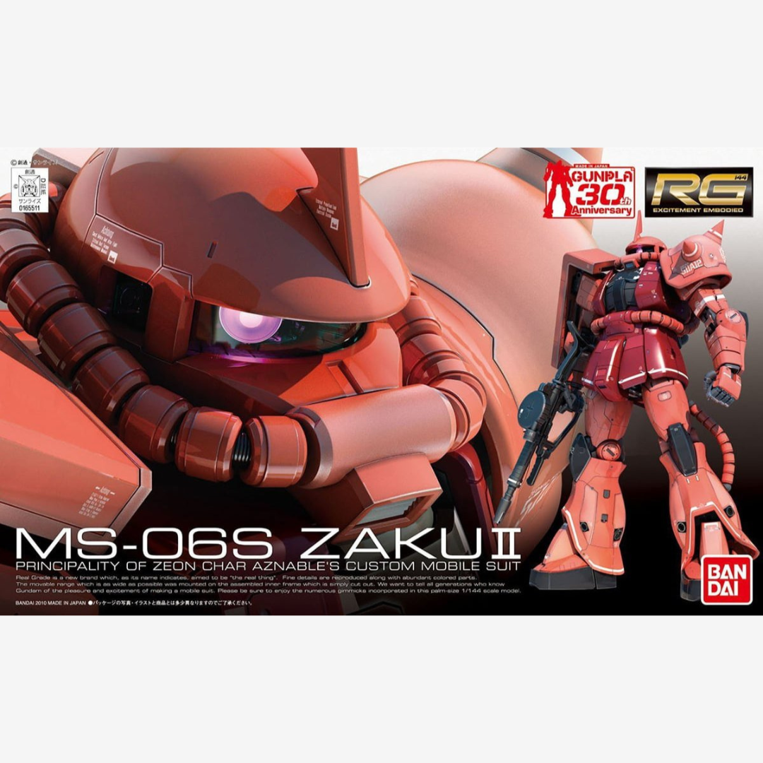 RG 1/144 MS-06S Zaku II Char Aznable Custom Gunpla Real Grade Bandai, kit dettagliato da assemblare senza colla con armamenti completi e inner frame.