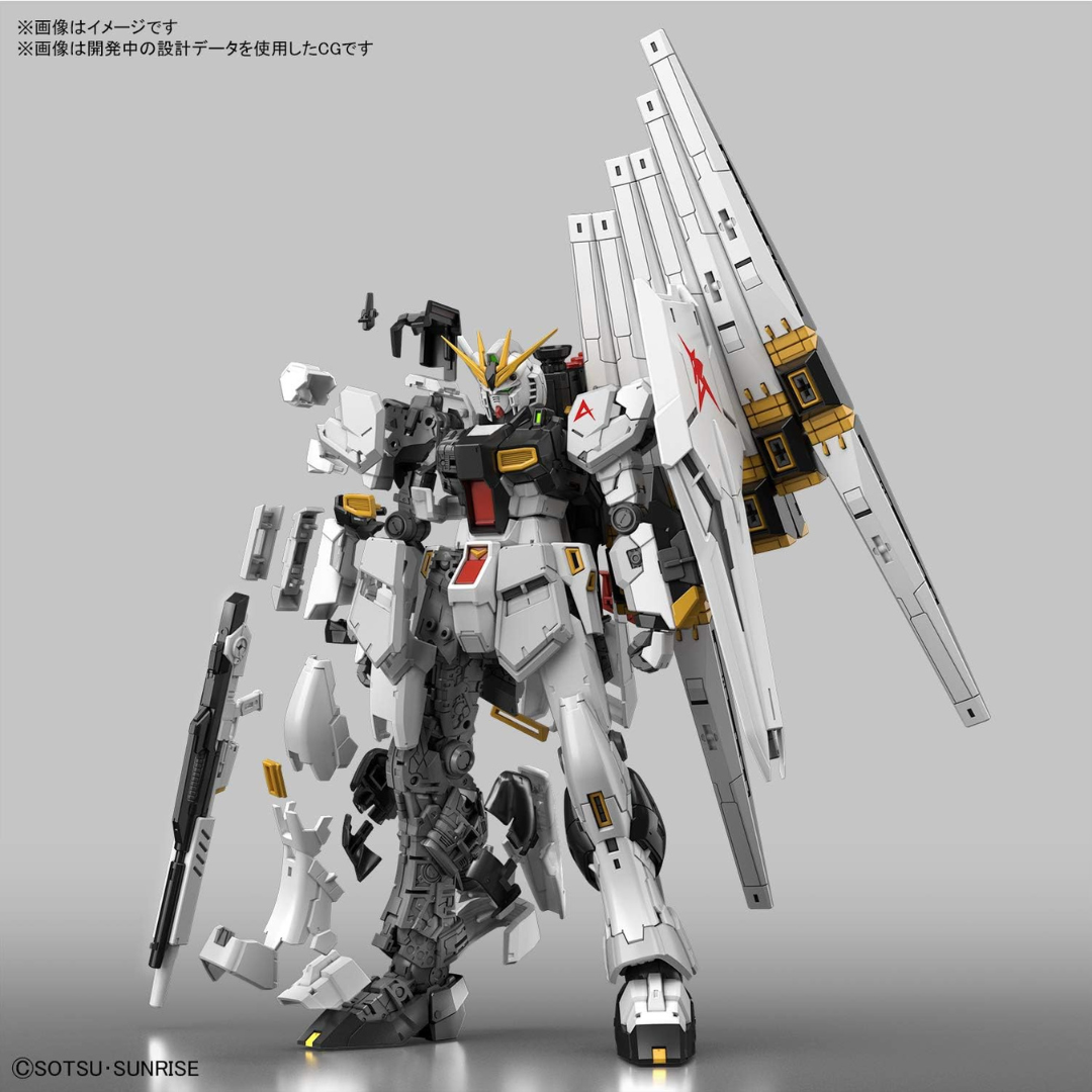 RG RX-93 Nu Gundam 1/144 Bandai con funnel mobili e frame interno dettagliato. Kit Gunpla Real Grade ispirato a Char's Counterattack su Weeaboverse.it