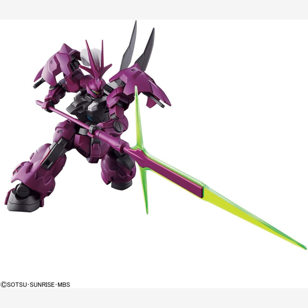Box HG 1/144 Guel’s Dilanza Gunpla Bandai – modello da montare senza colla tratto da The Witch from Mercury con armatura viola e lancia energetica.
