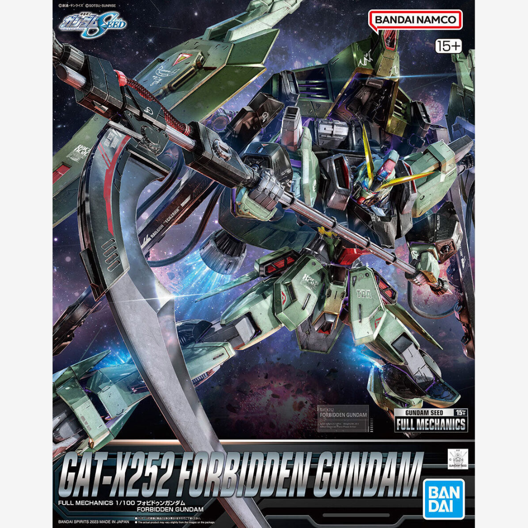 Box Gunpla Forbidden Gundam GAT-X252 Full Mechanics 1/100 Bandai, kit di montaggio realistico ispirato alla serie anime Gundam SEED, senza colla.