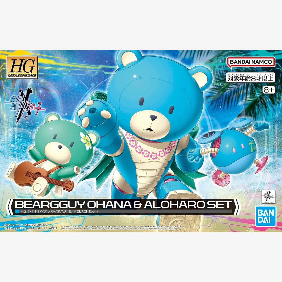 Box HG Bandai Beargguy Ohana & Aloharo Set 1/144 da Gundam Build Metaverse con orsetti tropicali e spirito Aloha per collezionisti e fan Gunpla.