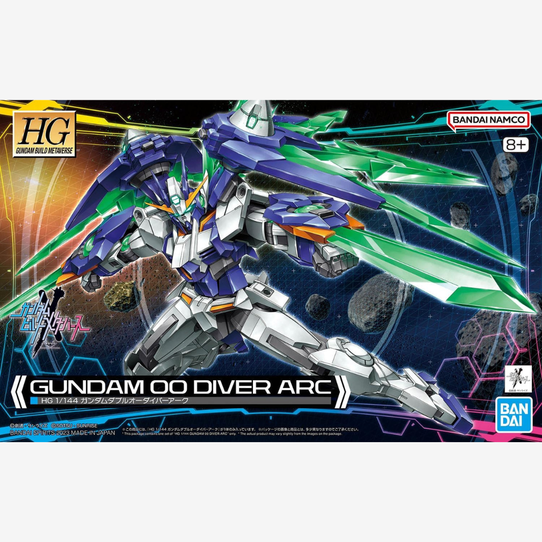 Box HG 1/144 Gundam 00 Diver Arc Bandai – Gunpla Build Metaverse, kit da assemblare senza colla, design con lame verdi traslucide e look dinamico.