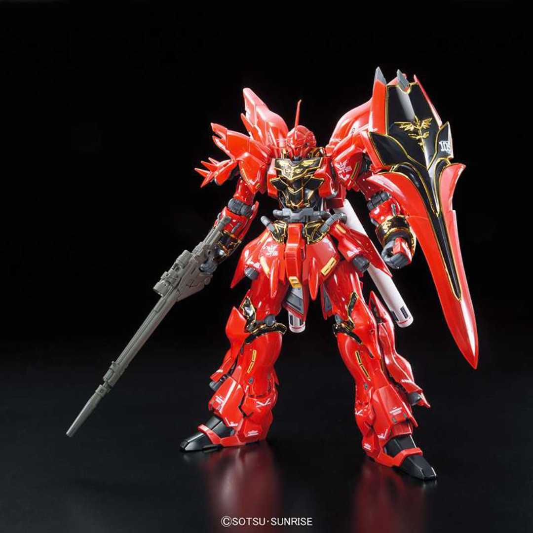 Gunpla RG 1/144 Sinanju Bandai – mobile suit Neo Zeon rosso con dettagli dorati, inner frame realistico e articolazioni mobili, kit senza colla né vernice.