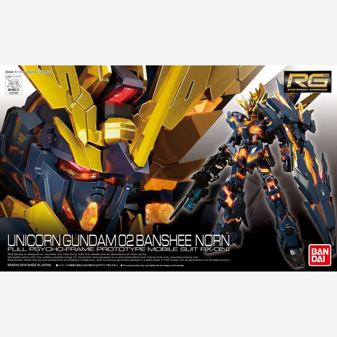 Gunpla RG Unicorn Gundam 02 Banshee Norn 1/144 Bandai con Psycho-Frame e Destroy Mode, kit assemblabile su Weeaboverse.it