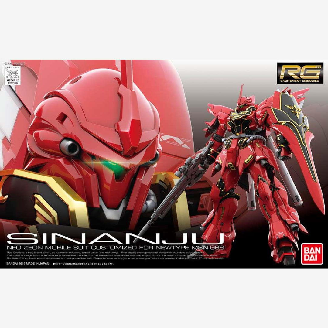 Gunpla RG 1/144 Sinanju Bandai – mobile suit Neo Zeon rosso con dettagli dorati, inner frame realistico e articolazioni mobili, kit senza colla né vernice.