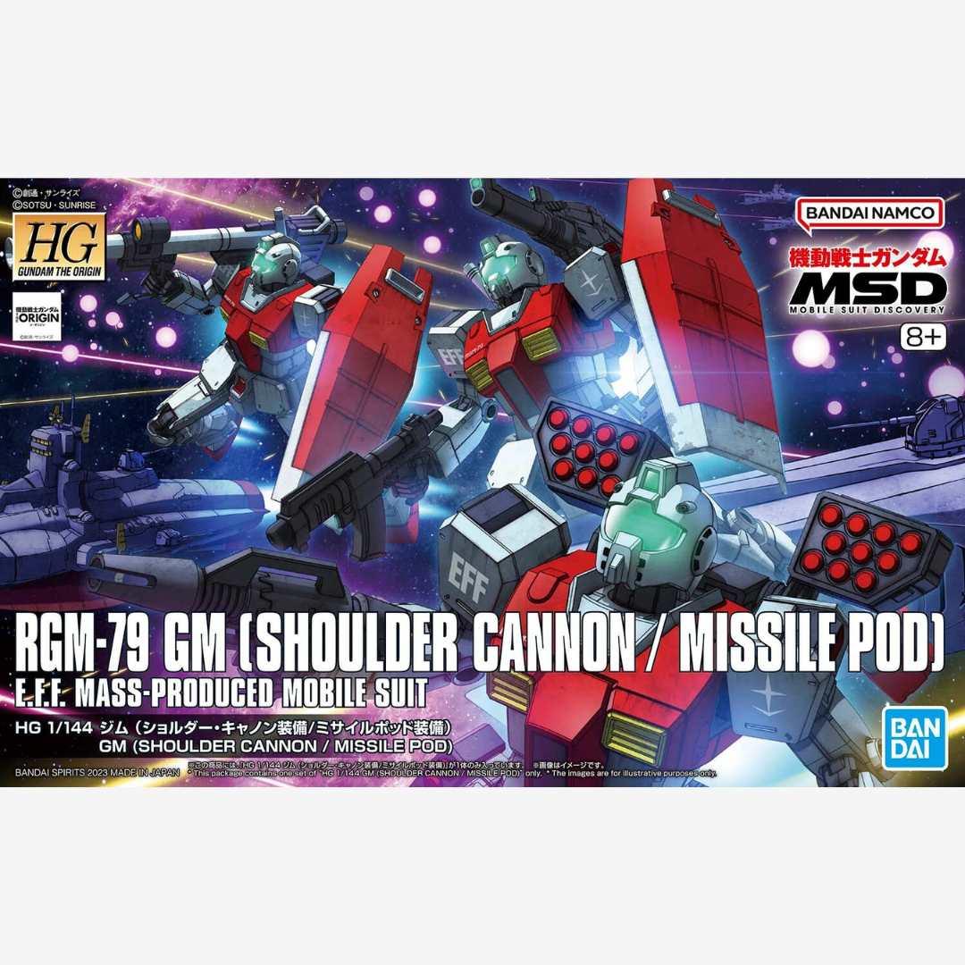 Box Gunpla Bandai HG 1/144 RGM-79 GM Shoulder Cannon Missile Pod da The Origin MSD, kit da assemblare senza colla con dettagli retrò e armamento pesante.